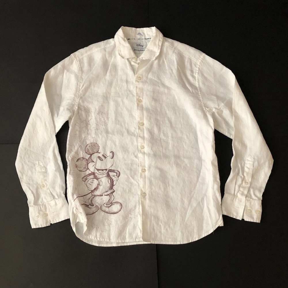 Disney x Tommy Bahama Men’s White Linen  Button Up Top Mickey Mouse